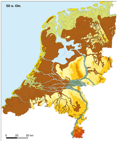 The Netherlands c. 50 CE. The river islands, one of which was Batavia, can be seen slightly below the center. The modern Betuwe region corresponds gre