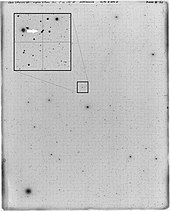 One of the first photographic plates of 704 Interamnia. The image was taken in Oct. 1910; the path of the asteroid is shown in the zoom. 704 cerulli low.jpg