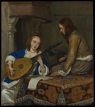 <i>A Woman Playing the Theorbo-Lute and a Cavalier</i> Painting by Gerard ter Borch the Younger