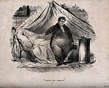 A caricature of a physician prescribing leeches for a weak, bedbound woman A corpulent physician diagnoses more leeches for a young woman Wellcome V0011771.jpg