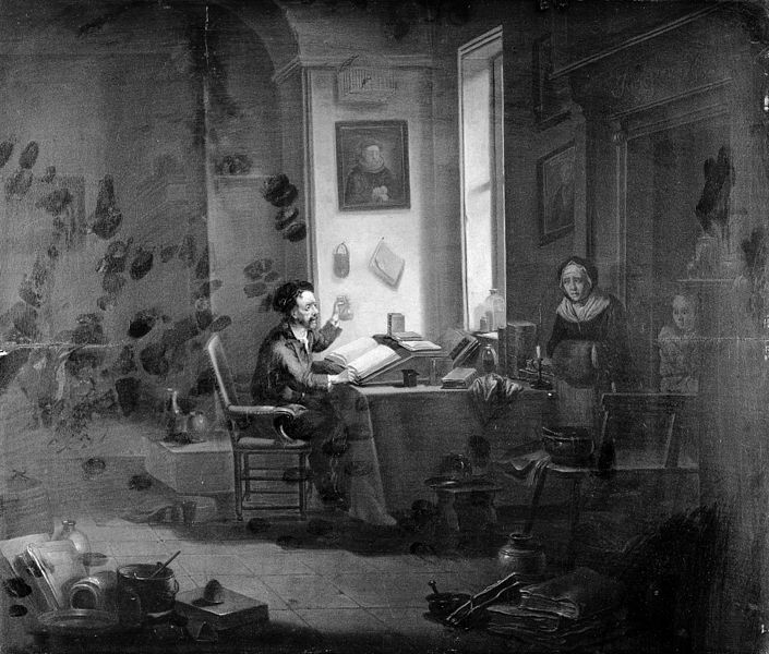 File:A physician examining a urine-flask. Oil painting by Justus Wellcome M0007642.jpg