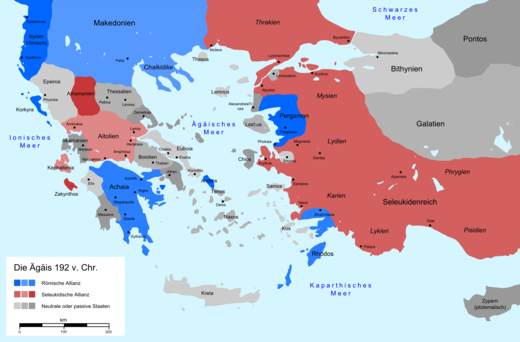 De politieke situatie in het Egeïsche gebied. Blauw: Rome en bondgenoten, rood: de Seleuciden en hun bondgemoten.