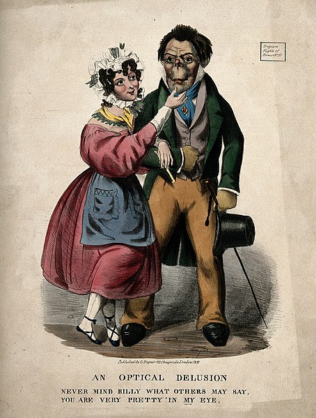 File:An attractive woman courting a strange looking man; suggesting that beauty is in the eye of the beholder. Wellcome V0010872.jpg