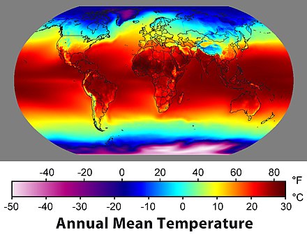 Map of the average temperature over 30 years. Data sets formed from the long-term average of historical weather parameters are sometimes called a "climatology".