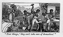 One of the many defenses of American slavery was that the imagined "benevolent paternalism" of planters was beneficial or necessary (Detail, Anti-Slavery Almanac, 1840) Anti-slavery almanac 1840 detail.jpg