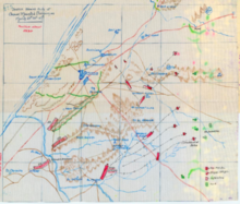 Position of the Anzac Mounted Division at about 09:30 (not labelled) with the Imperial Mounted Division, two columns of the 53rd (Welsh) Division and one column of the 54th (East Anglian) Division. Ottoman defences shown in green AnzacMDwd AWM4-60-13.A54.36.tiff