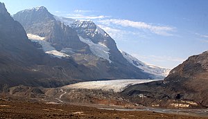 The Athabasca Glacier as seen from the Icefields Parkway