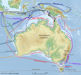Australia (Nova Hollandia) was the last human-inhabited continent to be explored and mapped (by non-natives). The Dutch were the first to undisputedly explore and map Australia's coastline. In the 17th century, the VOC's navigators and explorers charted almost three-quarters of the Australian coastline, except the east coast. Australia discoveries by Europeans before 1813 en.png