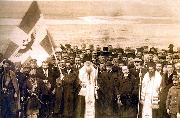 Picture of the official declaration of Independence on 1 March 1914. President Georgios Christakis and members of the Government, bishops Vasileios an