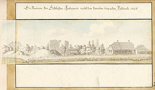 Blick auf die Burgruine und Weide daneben (1801).