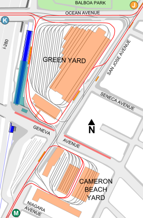 Map of the Balboa Park station complex prior to development of the Upper Yard parcel Balboa Park station complex map, 2018.svg