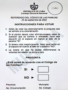 Ballot form which was used in the referendum Ballot paper used in 2022 Cuban Family Code referendum.jpg