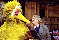 First Lady Barbara Bush participates with Big Bird in an educational taping of Sesame Street at United Studios, 1989. Barbara Bush and Big Bird.jpg