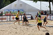 Deutsch: Beachhandball Europameisterschaften 2019 (Beach handball Euro); Tag 2: 3. Juli 2019 – Männer, Vorrunde Gruppe B, Russland-Dänemark 2:0 (22:16, 21:17) English: Beach handball Euro; Day 2: 3 July 2019 – Women Preliminary Round Group A – Men Preliminary Round Group B – Russia-Denmark 2:0 (22:16, 21:17)