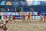 Deutsch: Beachhandball Europameisterschaften 2019 (Beach handball Euro); Tag 5: 6. Juli 2019 – Frauen, Halbfinale, Kroatien-Dänemark 1:2 (12:19, 17:10, 4:7) English: Beach handball Euro; Day 5: 6 July 2019 – Semifinal Men – Croatia-Denmark 1:2 (12:19, 17:10, 4:7)