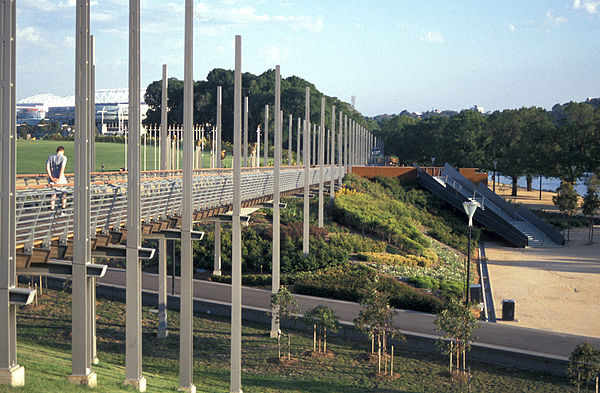 Birrarung Marr pedestrian bridge seen in the song "Mudhal Naal Indru".