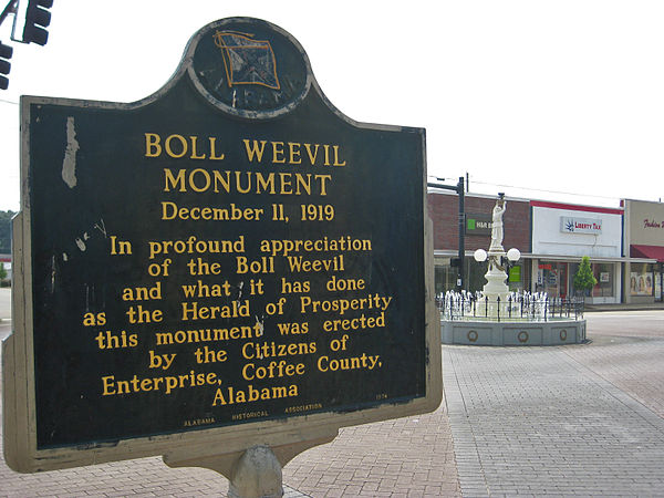 Historical marker and Boll Weevil Monument in Downtown Enterprise