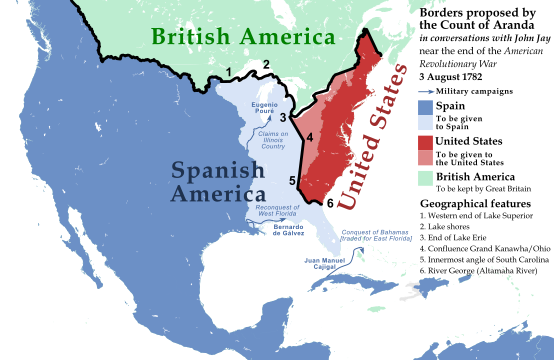 KAART van het Spaanse voorstel bij de Amerikaanse vredesregeling om het Amerikaanse grondgebied te beperken tot alleen de Appalachian Mountains tot een noord-zuidlijn van het midden van Lake Erie, en Groot-Brittannië om zijn kolonie Georgia af te staan ​​aan Spanje.