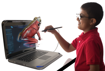A boy studying with zSpace display, a type of 3D display