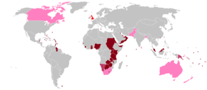 Elizabeth's realms (light red and pink) and their territories and protectorates (dark red) at the beginning of her reign in 1952 British Empire in February 1952.png