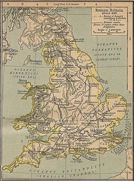 Roman Britain around AD 410, without speculative provincial borders. Brittain 410.jpg