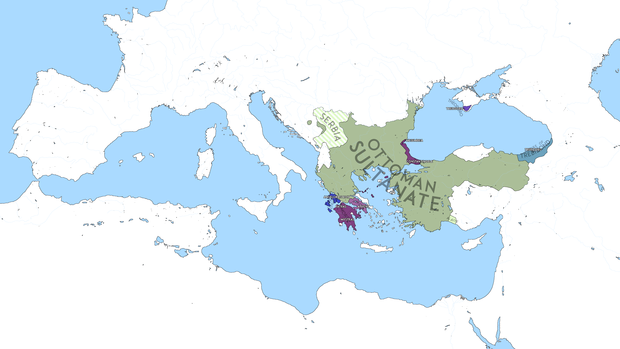 The Byzantine Empire in May 1453, just before the fall of Constantinople.