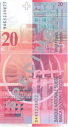 Банкнота 20 швейцарских франков (Онеггер) образца 1995 года. Реверс посвящён его пьесе «Пасифик 231»