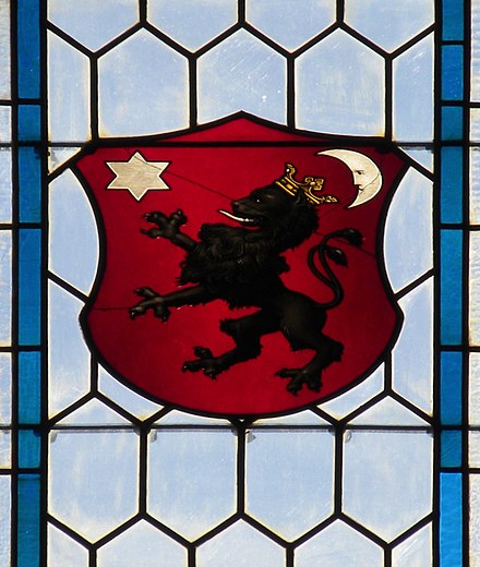 Historical coat of arms of Cumania. Stained glass window in the southern nave of the St Elisabeth Cathedral, Košice, Slovakia.