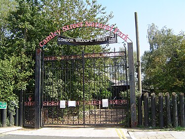 The entrance to the Camley Street Natural Park, behind London King's Cross. Camley Steet Natural Park.jpg