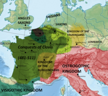 Reconstructed map of the conquests of Clovis. Note the question marks in Germany. Conquests of Clovis.png