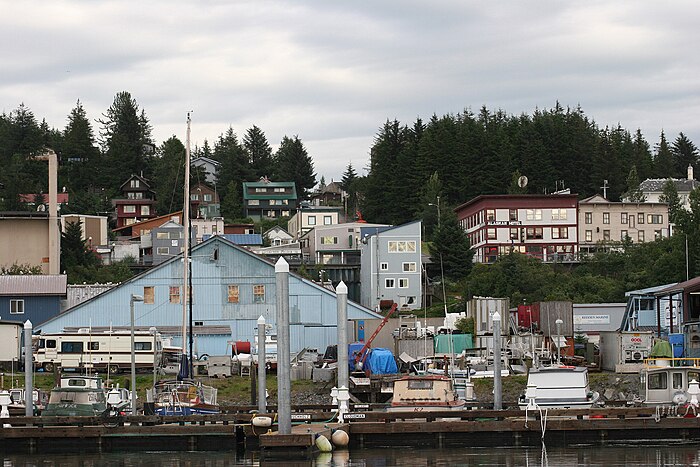 A view of the Cordova hillside from the boat harbor