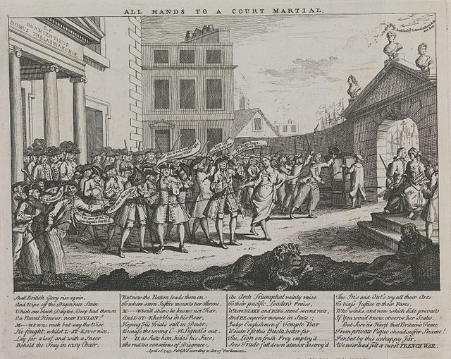 Naval officers attending the 1746 court martial; note the crowds gathered to attend the proceedings, a mark of the level of public interest