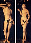 老盧卡斯·克拉納赫的《亞當和夏娃（英语：Adam and Eve (Cranach)）》，172 × 63 cm，約繪於1528年，1704年前收藏[67]
