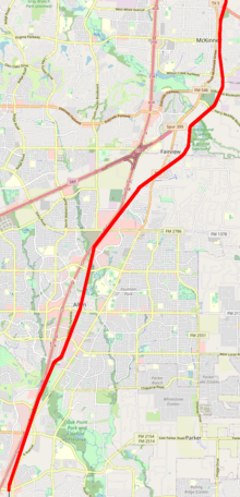 DART-owned corridor from Parker Road station to Downtown McKinney for possible future rail service expansion DART Corridor from Plano to McKinney.png