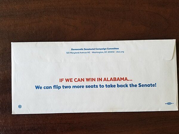 An envelope to a Democratic Senatorial Campaign Committee fundraising mailer distributed in 2018 with a reference to Jones' victory in the traditional