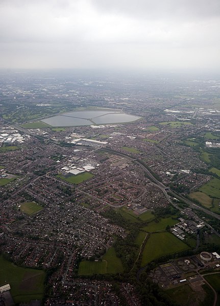 Viewed from the air, looking west