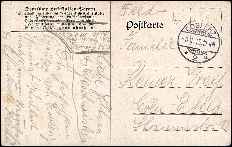 File:Deutscher Luftflotten-Verein Bildpostkarte Deutscher Flieger über Paris, Etrich Taube Eifelturm. Erster Weltkrieg, Adresseite.jpg