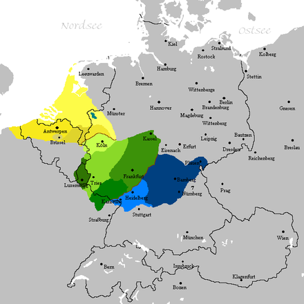 Franconian languages area: Central Franconian dialects in green.