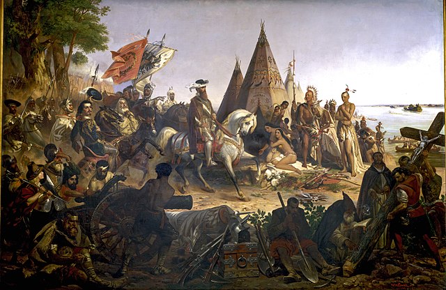 Spanish Empire explorer Hernando DeSoto greeting Native Americans on the Mississippi River, c. 1541, depicted in an 1853 portrait by William Henry Pow