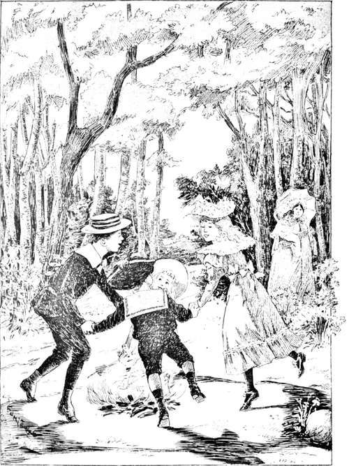 Dans le bois, Jean, Jeanne, Pierrot et Louisette dansent autour du feu. À l’arrière, la nourrice porte Paul et une ombrelle.