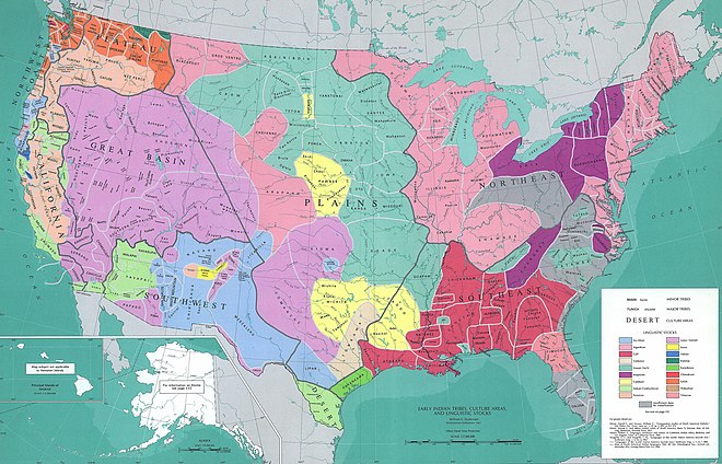 Early Native American tribal territories color-coded by linguistic group