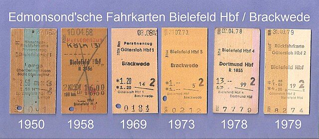 During the time of the Deutsche Bundesbahn 1950-1979, it issued Edmondson railway tickets for the local services to Brackwede, Gütersloh and Lemgo, as