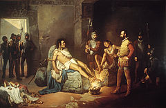 Image 27"The Torture of Cuauhtémoc", a 19th-century painting by Leandro Izaguirre (from History of Mexico)