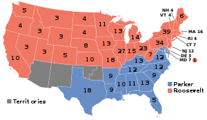 Kort over, hvem, der vandt hvilke delstater (blå=Parker, rød=Roosevelt)