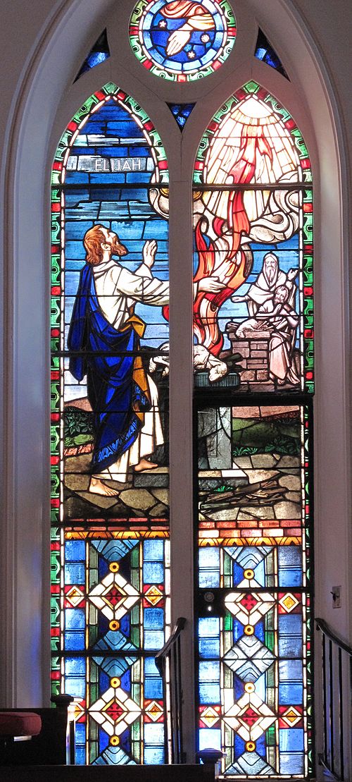 Elijah's offering is consumed by fire from heaven in a stained glass window at St. Matthew's German Evangelical Lutheran Church in Charleston, South C