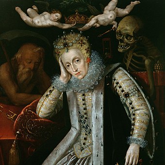 The English School's Allegory of Queen Elizabeth (c. 1610), with Father Time at her right and Death looking over her left shoulder. Two cherubs are removing the weighty crown from her tired head.