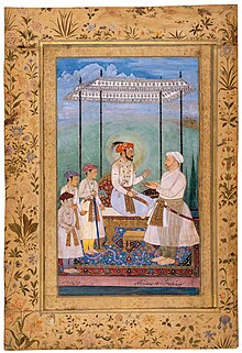Shah Jahan, accompanied by his three sons: Dara Shikoh, Shah Shuja and Aurangzeb, and their maternal grandfather Asaf Khan IV. Emperor Shah Jahan, 1628.jpg