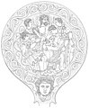 Bronze mirror depicting Uni nursing Hercle, featuring Tinia, Menrva, Turan, and Mean.