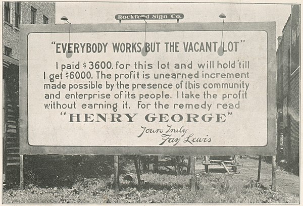 1914 billboard citing Henry George in Rockford, Illinois