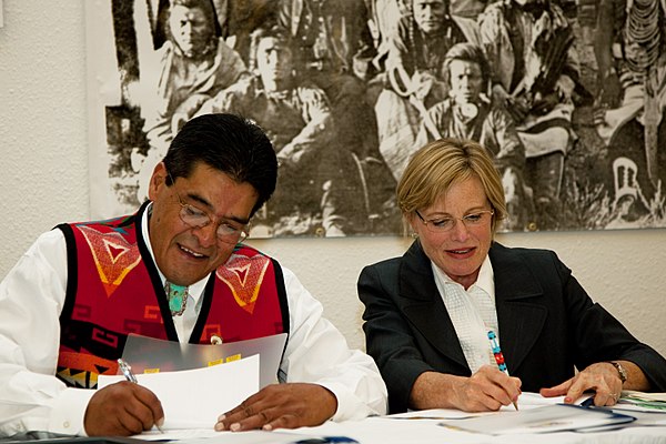 Chippewa Cree Tribal Chairman Raymond Parker Jr. signs an agreement with the FEMA in Rocky Boy's Indian Reservation, Montana on August 17, 2010.